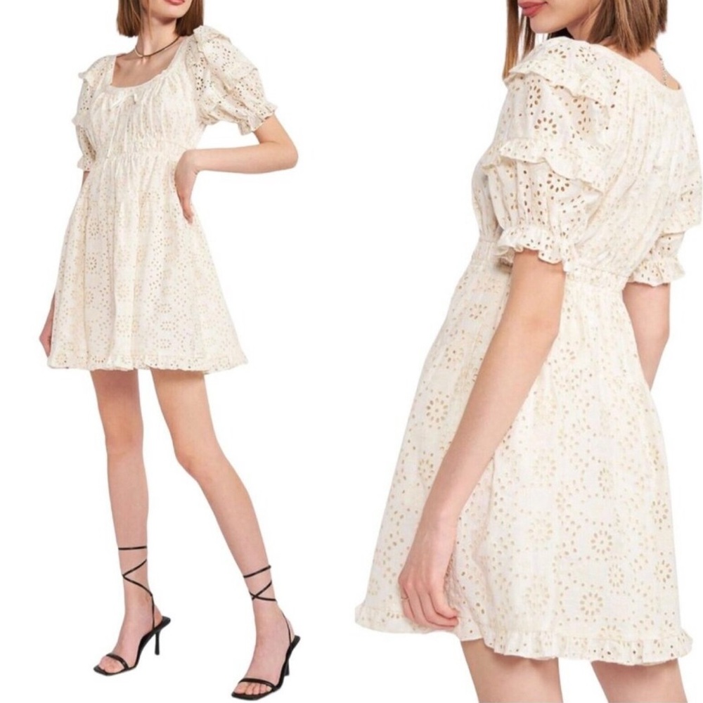 En Saison Cream Smocked Puff Sleeve Mini Dress